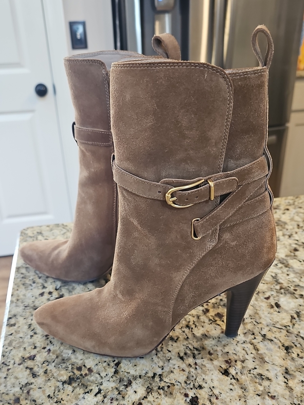 Veronica Beard Taupe Suede Buckle Ankle Boots